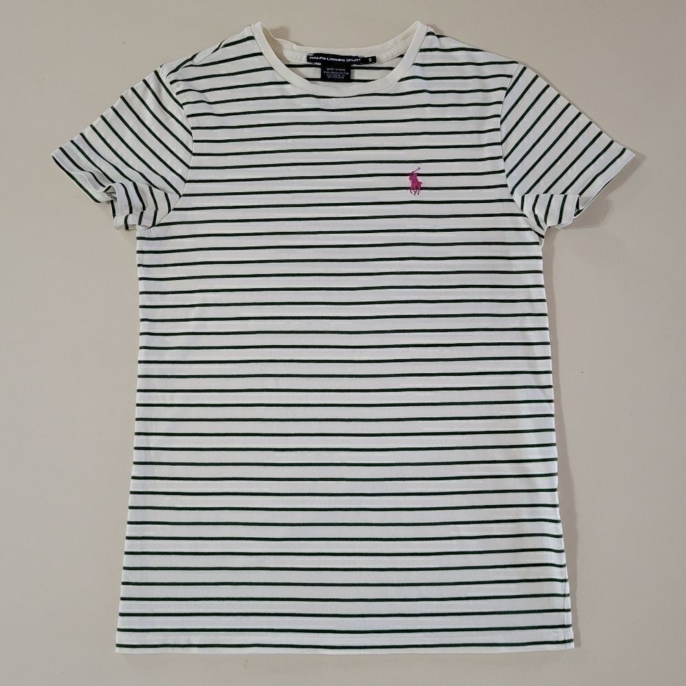 Ralph Lauren Sport Women's Short Sleeve White and Green Stripe Crewneck Top